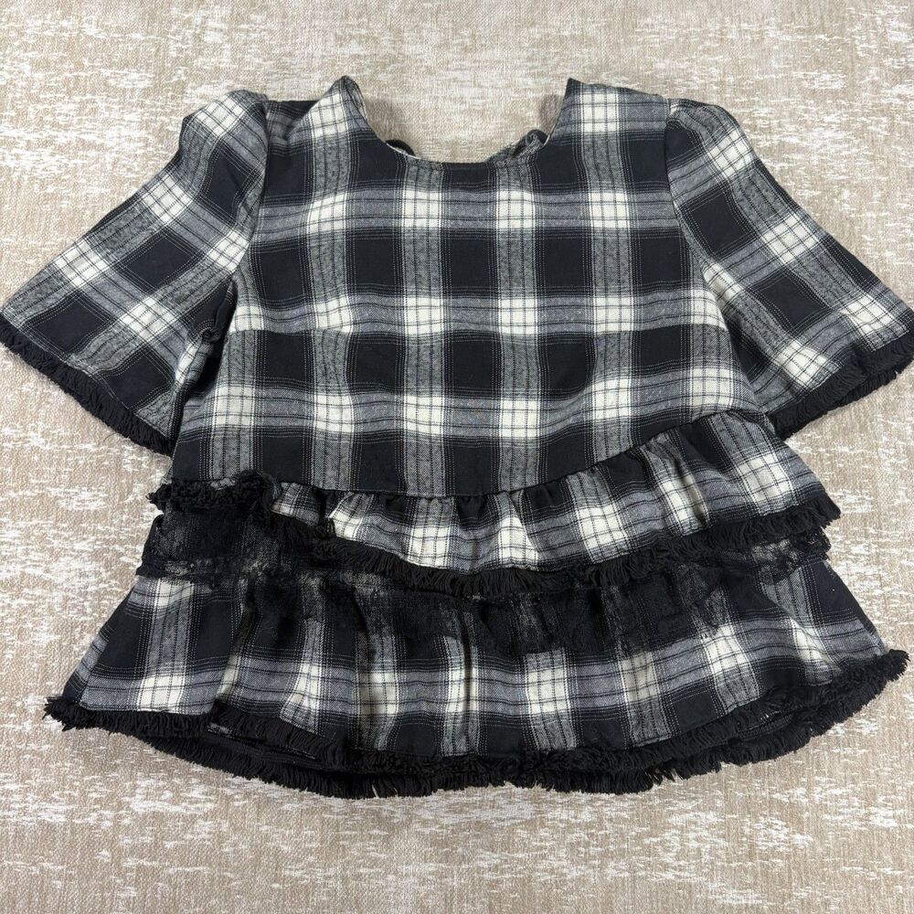 POL Boho Plaid Tiered Ruffle Frayed Hem Top Small